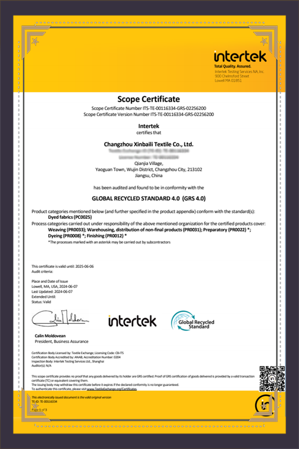 SC-GRS-Certificate v.4.0-Changzhou Xinbaili Textile Co., Ltd.